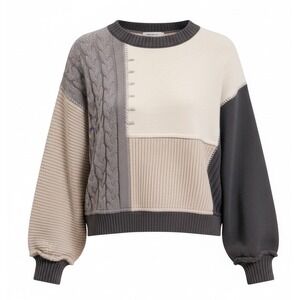 Cozy‎ Life By The River Patchwork Cable Knit Sweater Cream Gray Beige Tie Back L